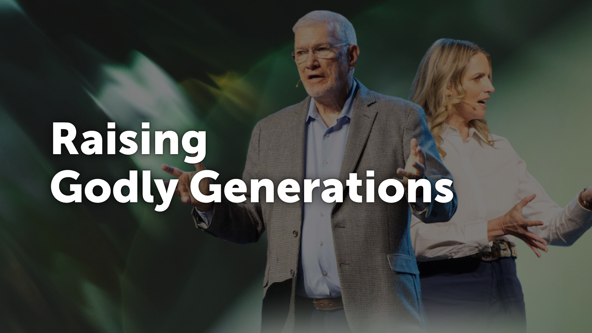 Ken Ham and Heidi St. John speaking on stage, with the title Raising Godly Generations.